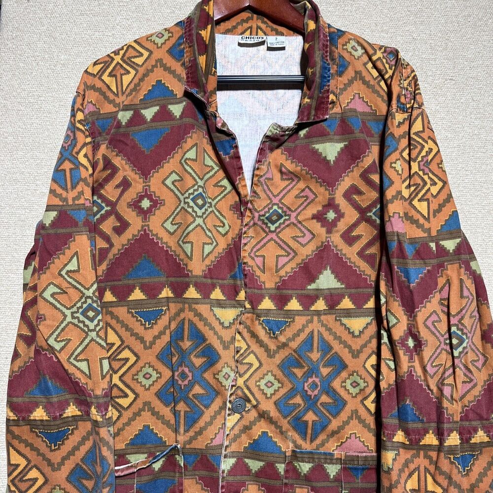 Vtg Chicos Shirt Jacket Shacket Womens Sz 2 Multicolor Hippie Zip Colorful Boho
